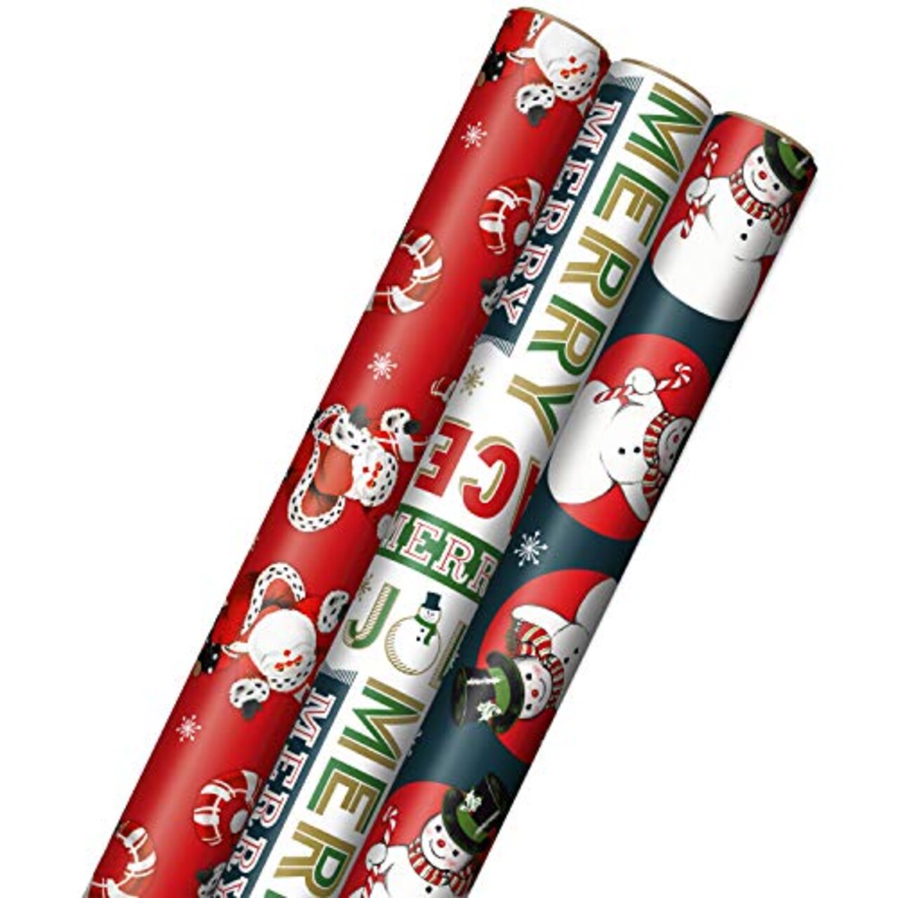 Hallmark Vintage Christmas Wrapping Paper Cut Lines on Reverse (3 Rolls:  120 sq. ft. ttl) Dancing Santas, Classic Snowman, Merry, Jolly, Happy,  Peace